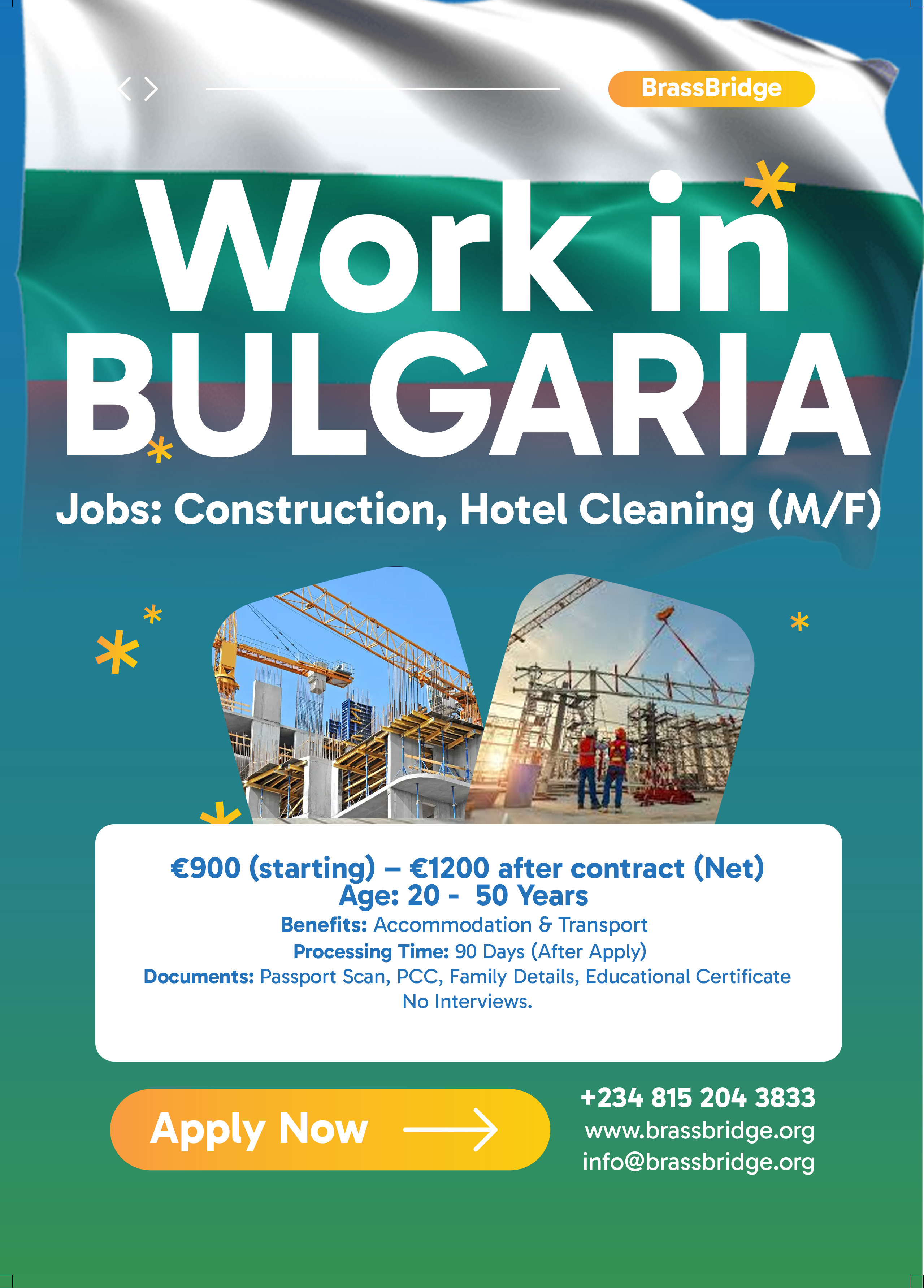 BULGARIA: Construction, Hotel Cleaning (M/F)